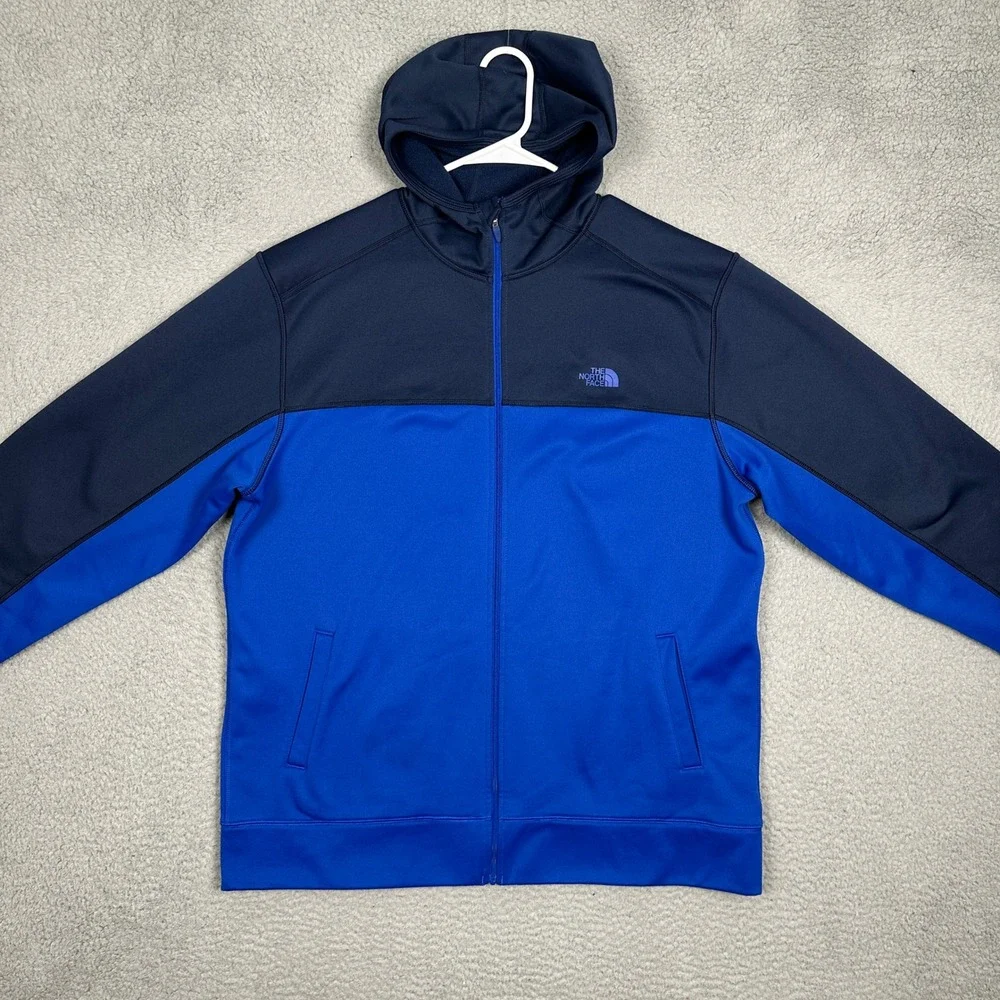 The North Face Hoodie Mens XL Full Zip Blue Navy Colorblock Performance Logo EUC